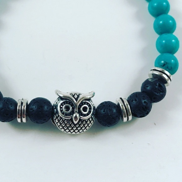 Women turquoise lava rock owl beaded bracelet - Picture 4 of 7